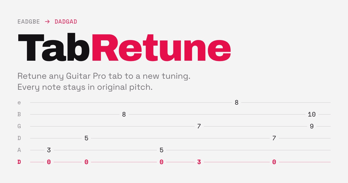 TabRetune — retune any Guitar Pro tab to a new tuning; every note keeps its original pitch